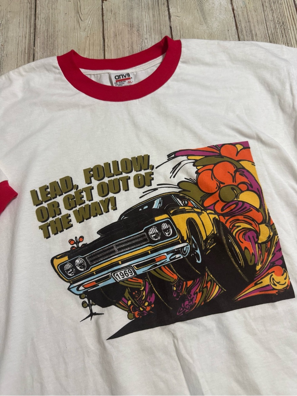 Vintage 1969 Plymouth Road Runner Hot Rod car ringer Tshirt Men’s XL white red